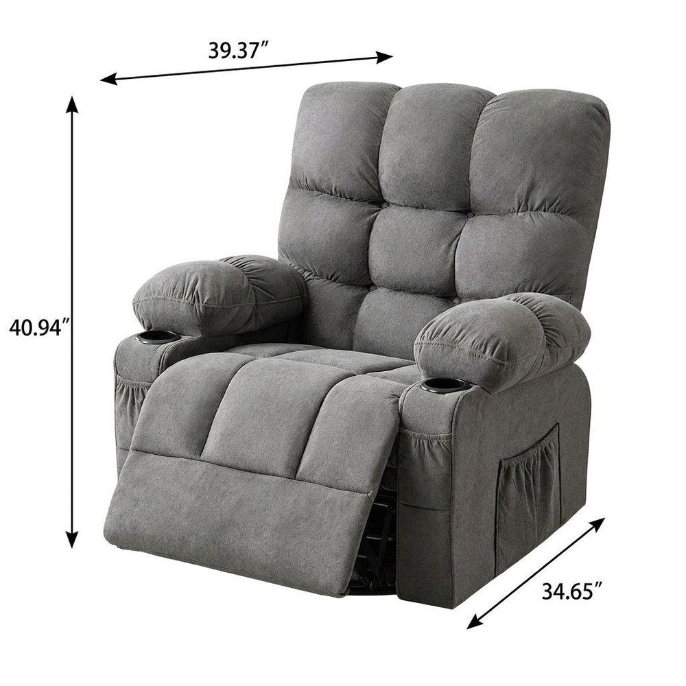 39" Gray Tufted Chenille Heated Massage Manual Rocker And Swivel Recliner With USB