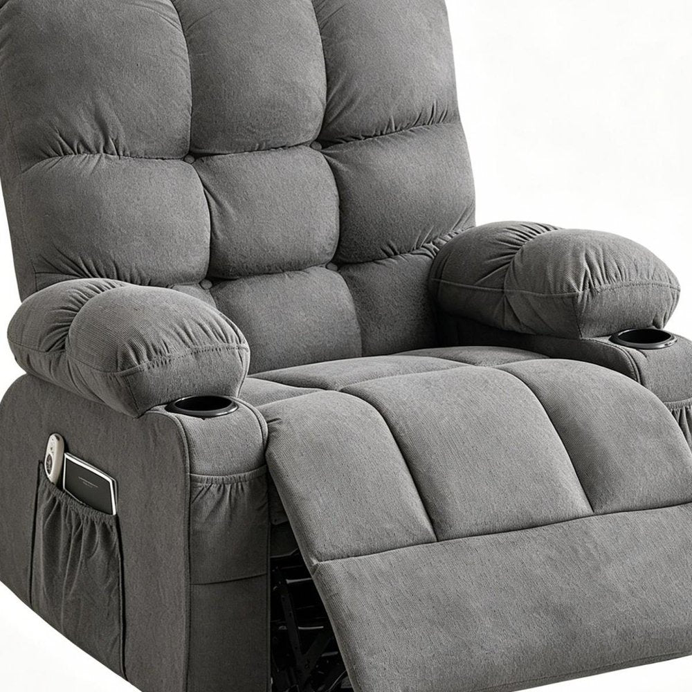 Cropped view of 39" Gray Tufted Chenille Heated Massage Manual Rocker And Swivel Recliner With USB focusing on the gray surface.