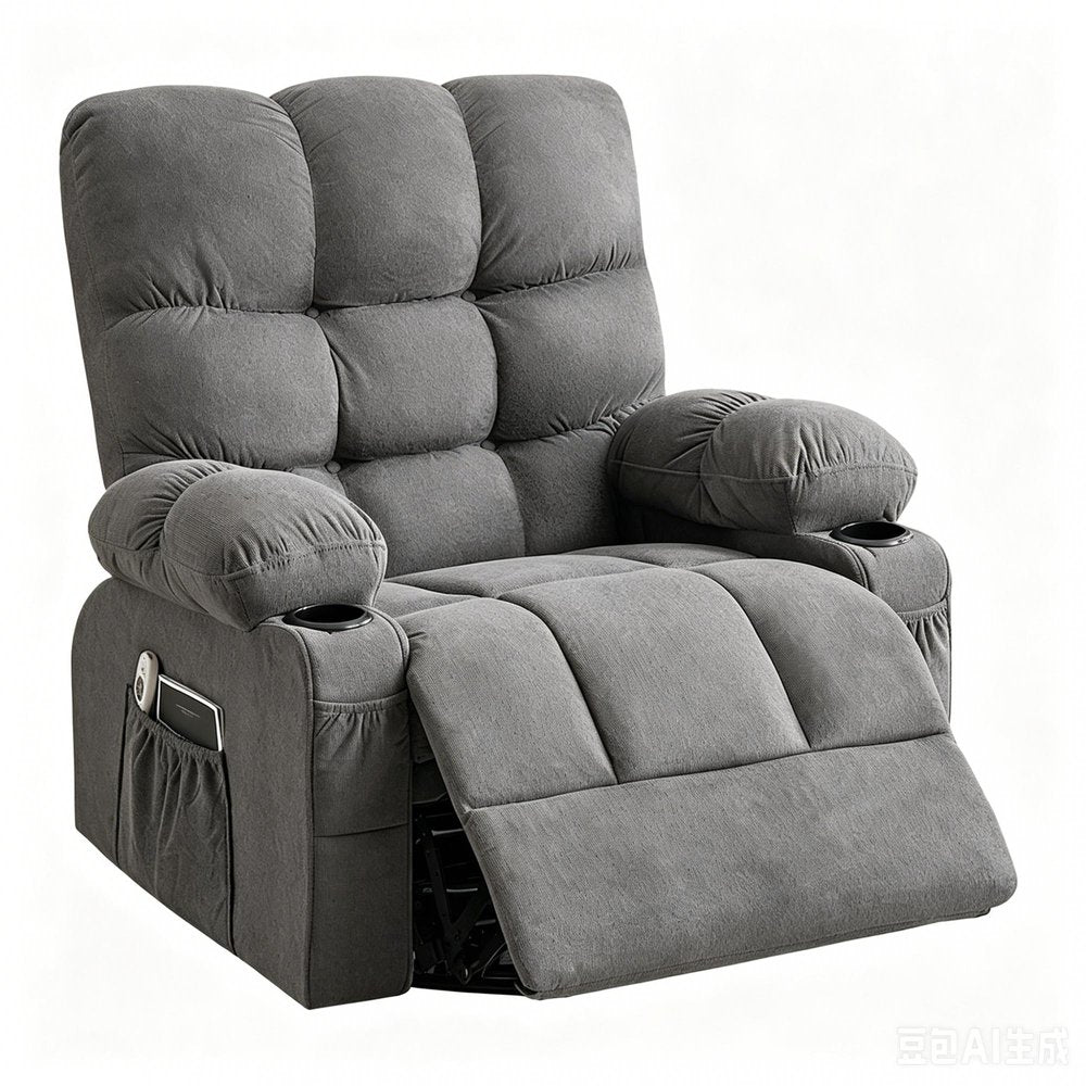 Gray chenille recliner chair with tufted back, cup holders, side pockets, and extended footrest on a white background.