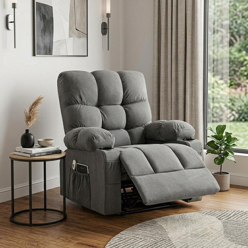 39" Gray Tufted Chenille Heated Massage Manual Rocker And Swivel Recliner With USB