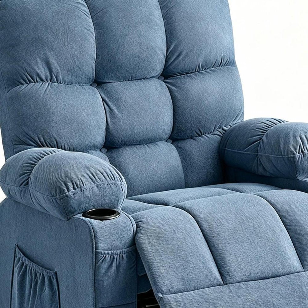 39" Blue Tufted Chenille Heated Massage Manual Rocker And Swivel Recliner With USB. Recliner in blue.