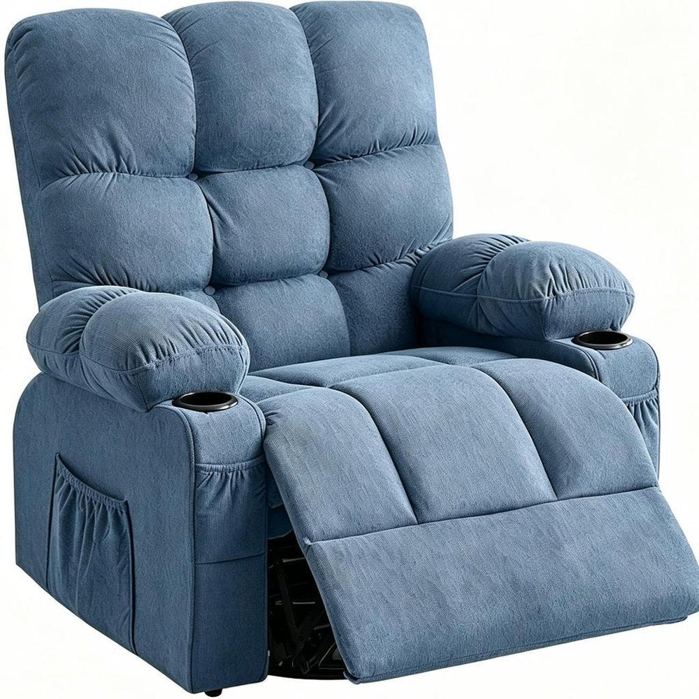 39" Blue Tufted Chenille Heated Massage Manual Rocker And Swivel Recliner With USB