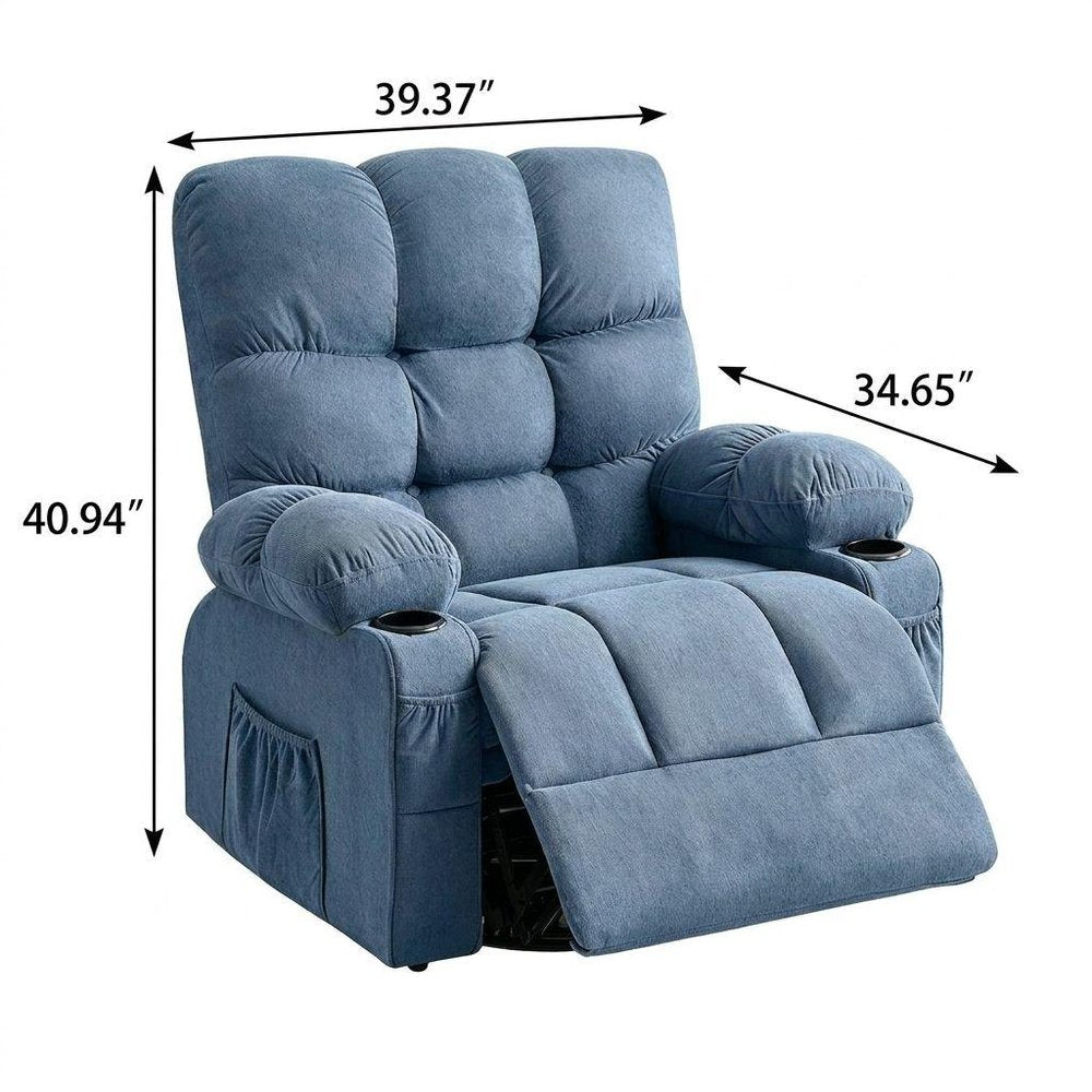 39" Blue Tufted Chenille Heated Massage Manual Rocker And Swivel Recliner With USB