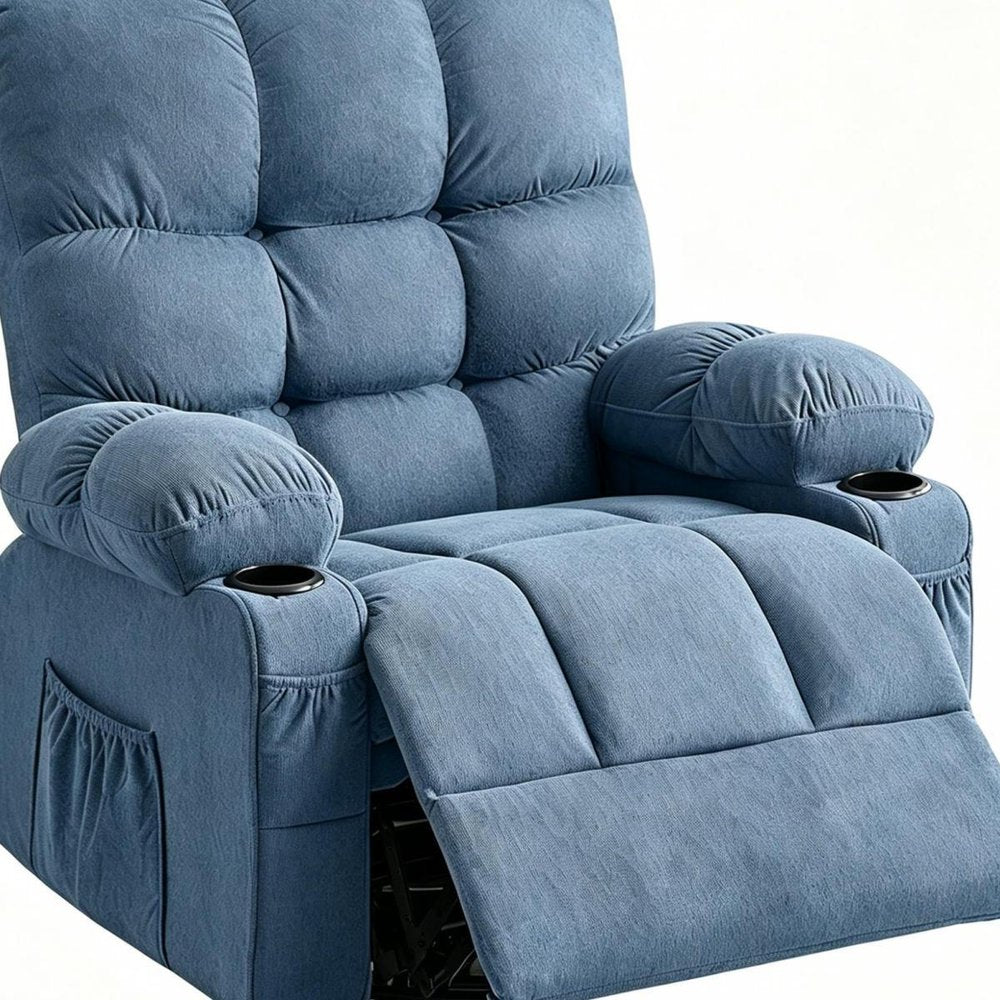Close-up of 39" Blue Tufted Chenille Heated Massage Manual Rocker And Swivel Recliner With USB showing blue detail.