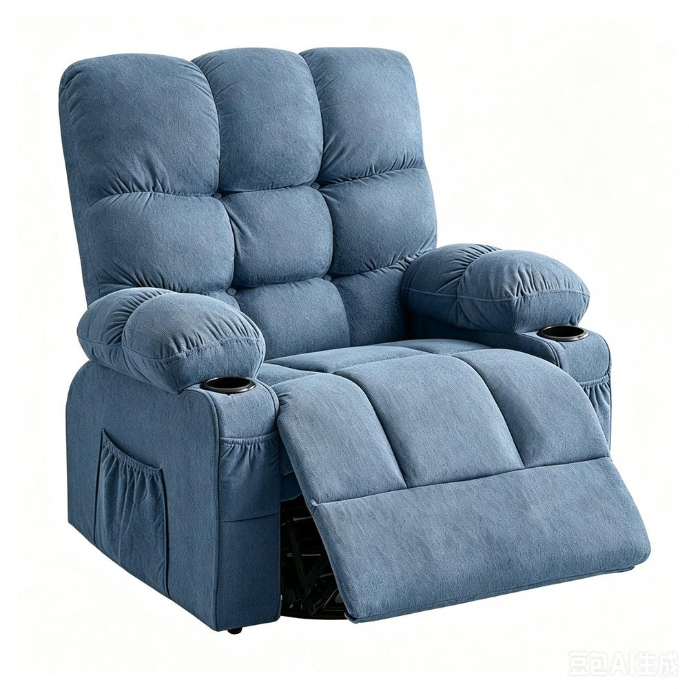 39" Blue Tufted Chenille Heated Massage Manual Rocker And Swivel Recliner With USB. Recliner isolated on a plain white background, finished in blue.