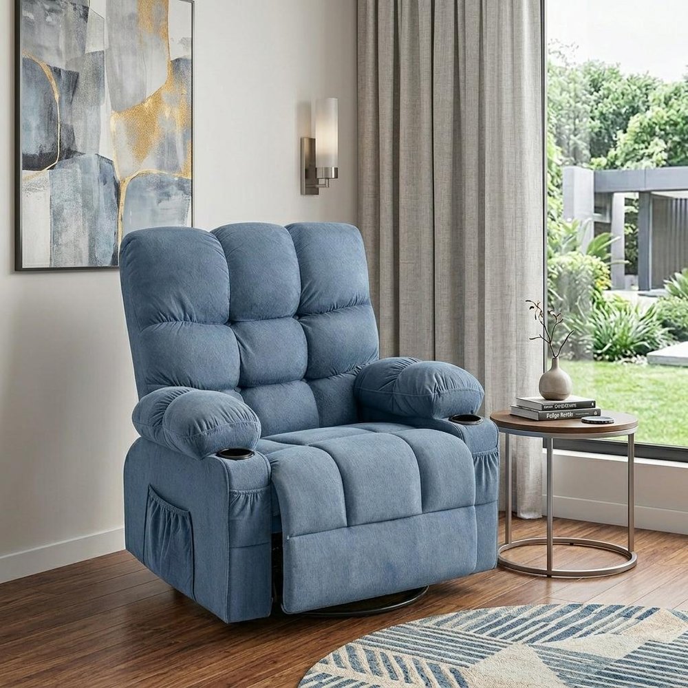 39" Blue Tufted Chenille Heated Massage Manual Rocker And Swivel Recliner With USB styled in a furnished interior with a gray wall on a dark wood floor.