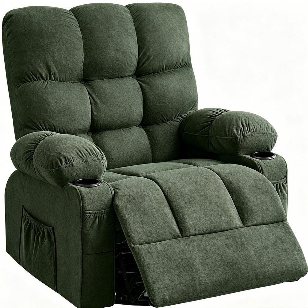 39" Dark Green Tufted Chenille Heated Massage Manual Rocker And Swivel Recliner With USB