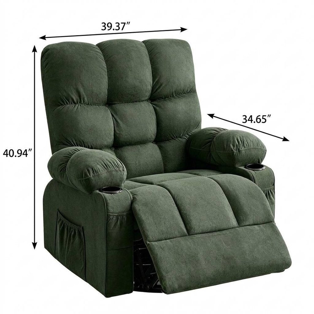 39" Dark Green Tufted Chenille Heated Massage Manual Rocker And Swivel Recliner With USB