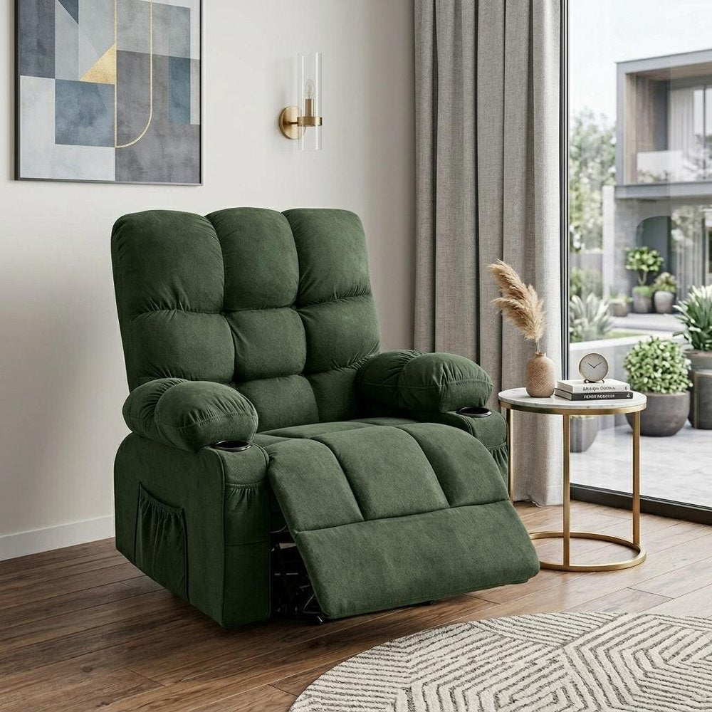 39" Dark Green Tufted Chenille Heated Massage Manual Rocker And Swivel Recliner With USB