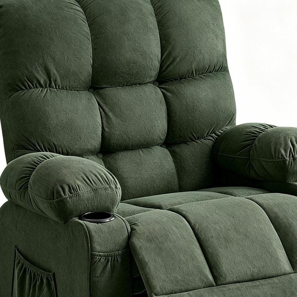 39" Dark Green Tufted Chenille Heated Massage Manual Rocker And Swivel Recliner With USB