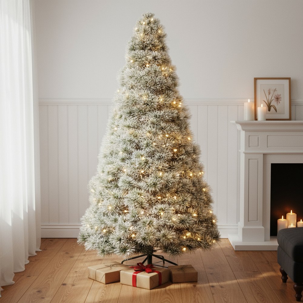 9' White Pre Lit Full Flocked Spruce Christmas Tree