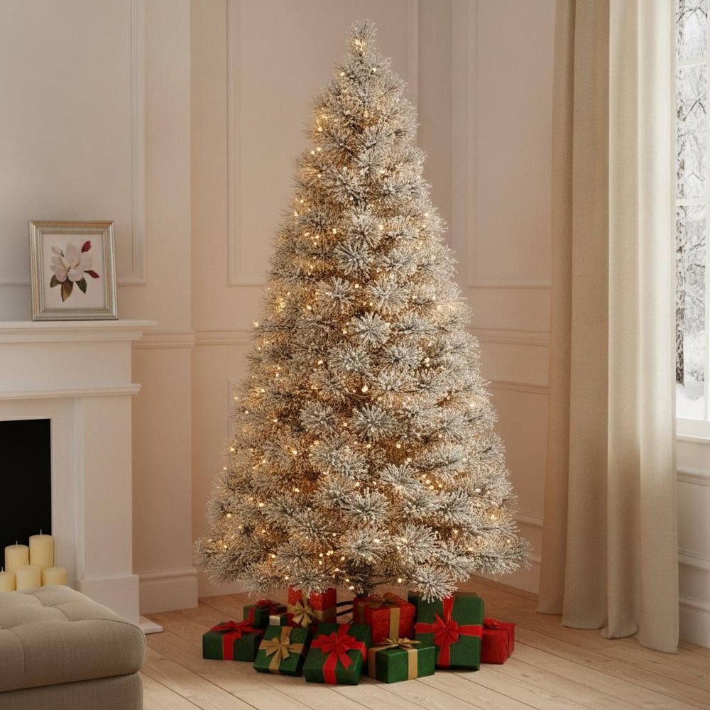 9' White Pre Lit Full Flocked Spruce Christmas Tree in a home interior