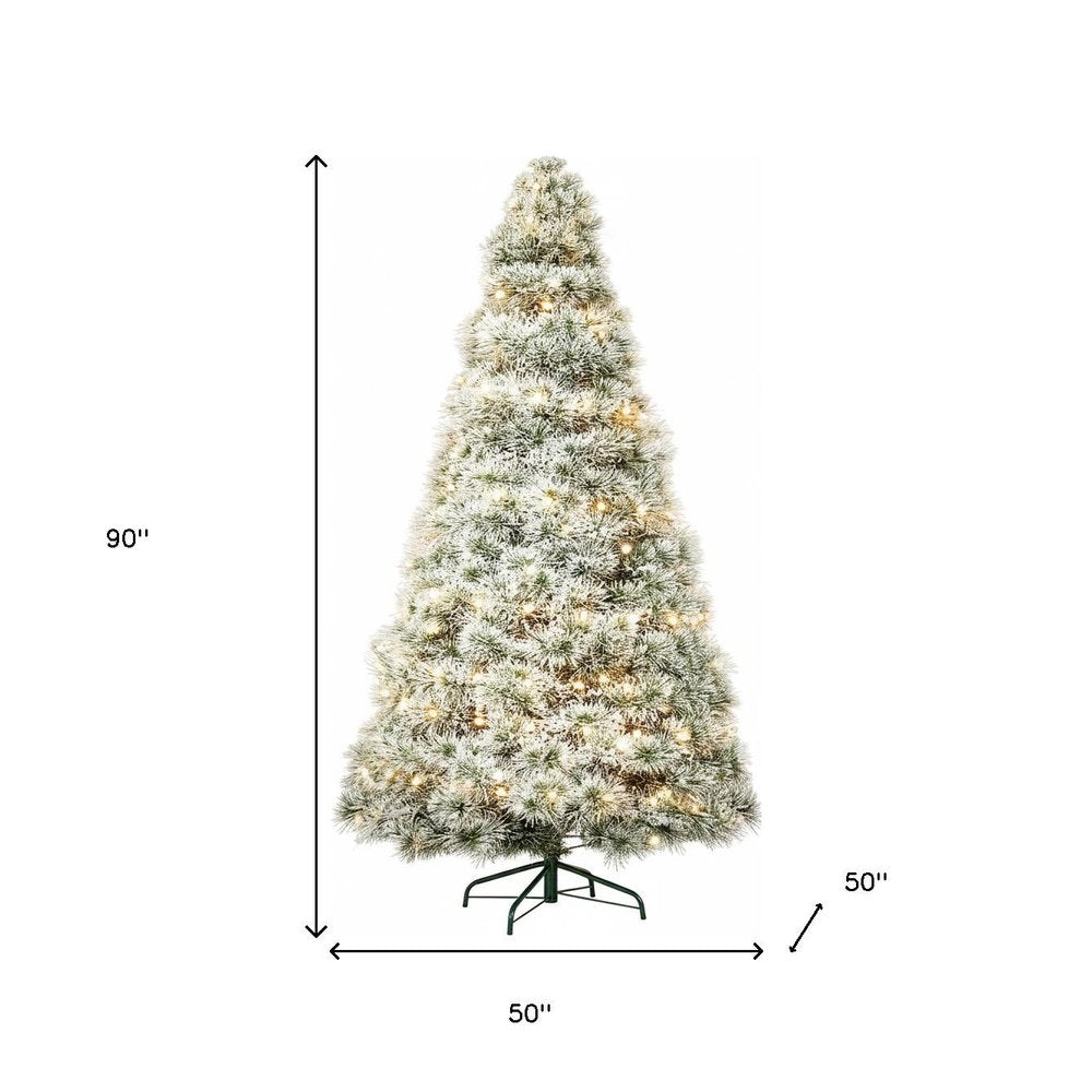 9' White Pre Lit Full Flocked Spruce Christmas Tree on a white background