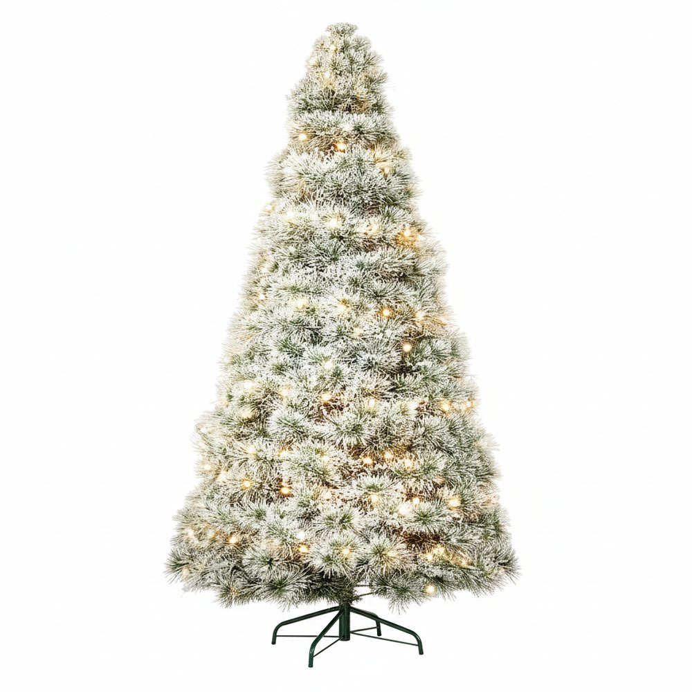 9' White Pre Lit Full Flocked Spruce Christmas Tree on a white background