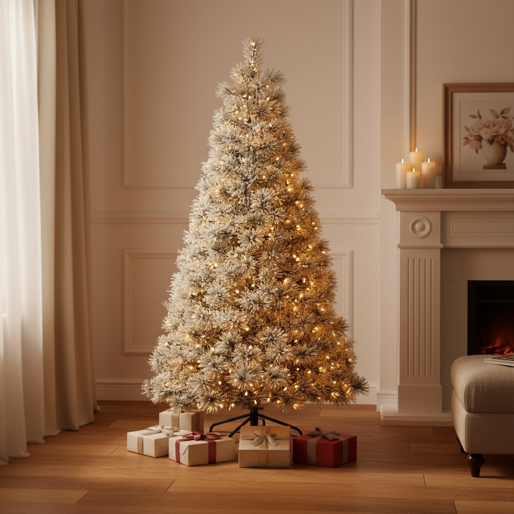 9' White Pre Lit Full Flocked Spruce Christmas Tree