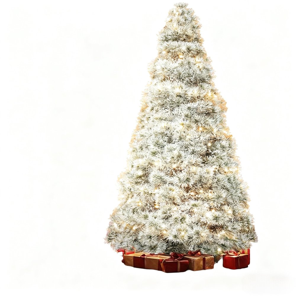 9' White Pre Lit Full Flocked Spruce Christmas Tree on a white background