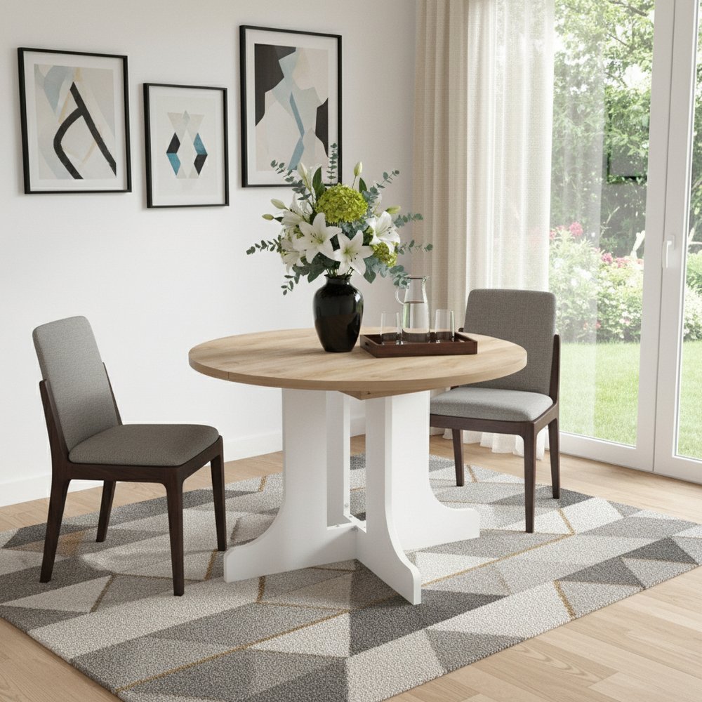 59" Brown and White Wood Oval Cross Legs Coffee Table styled in a furnished interior with a light gray wall on a wood floor.