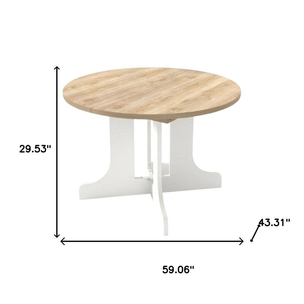 59" Brown and White Wood Oval Cross Legs Coffee Table. Coffee table isolated on a plain white background, in a white wood finish.