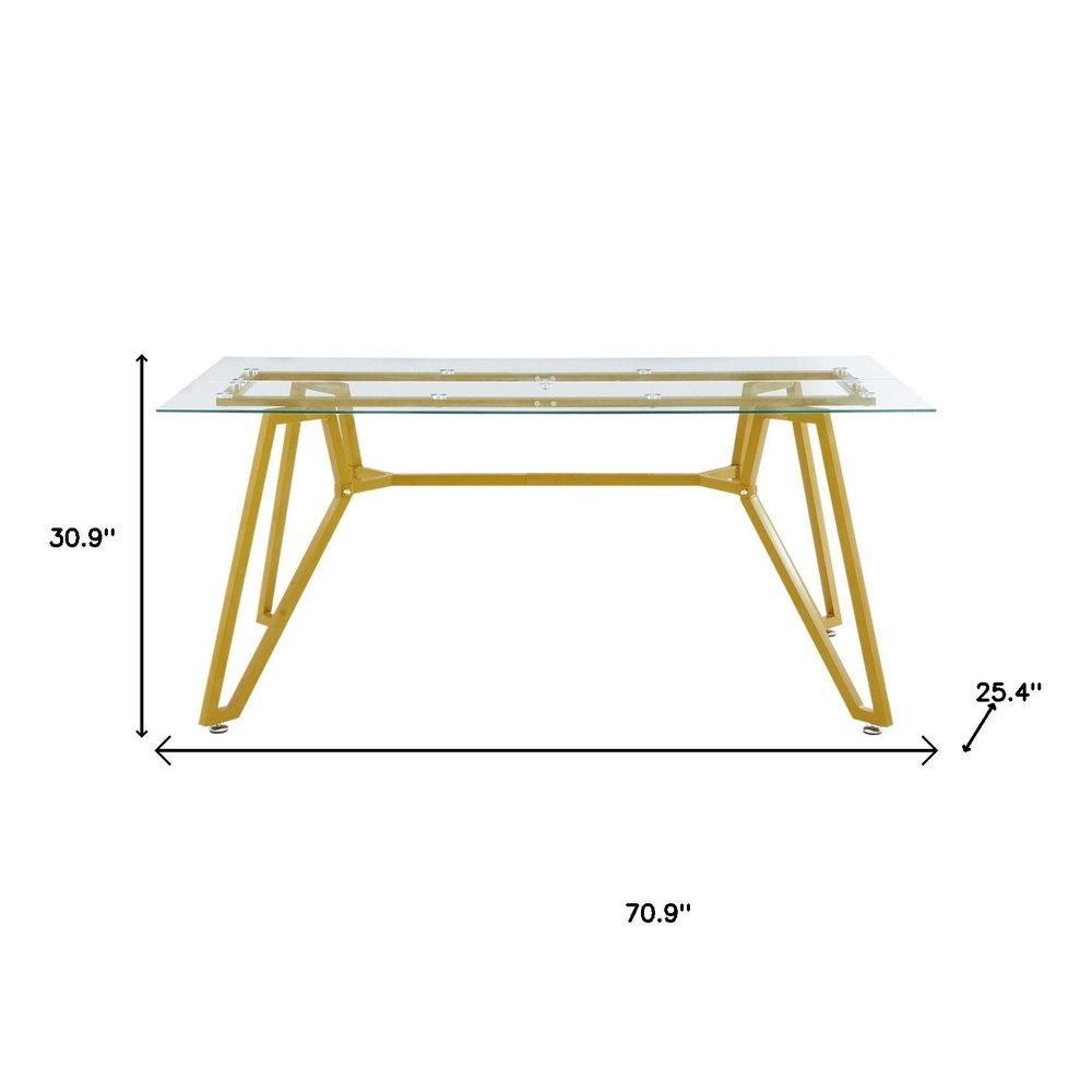 71" White and Gold Glass and Steel Trestle Coffee Table on a white background