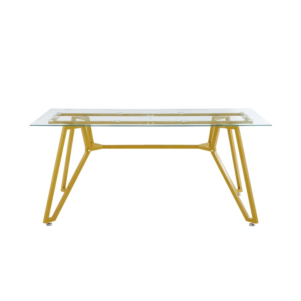 71" White and Gold Glass and Steel Trestle Coffee Table on a white background