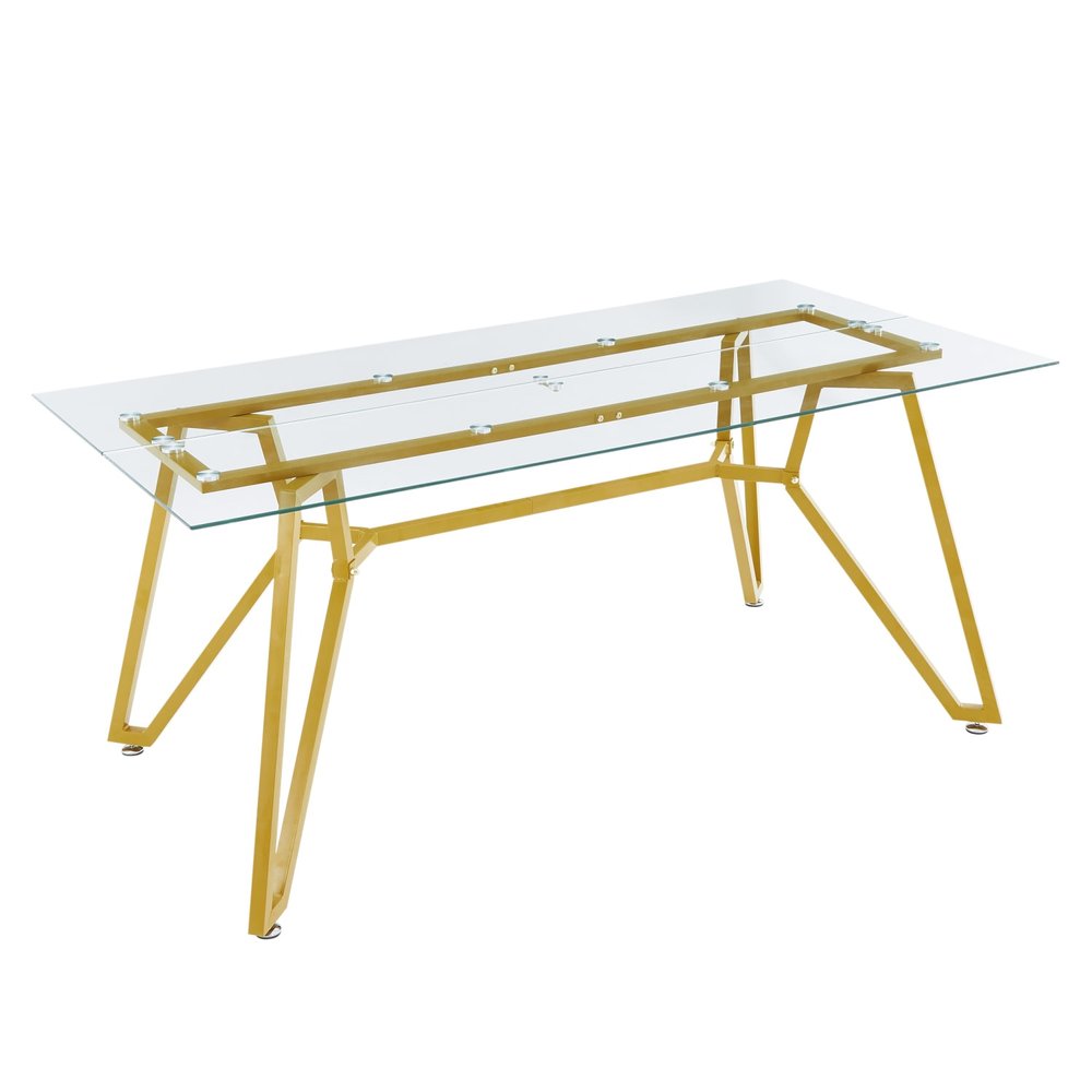 71" White and Gold Glass and Steel Trestle Coffee Table on a white background