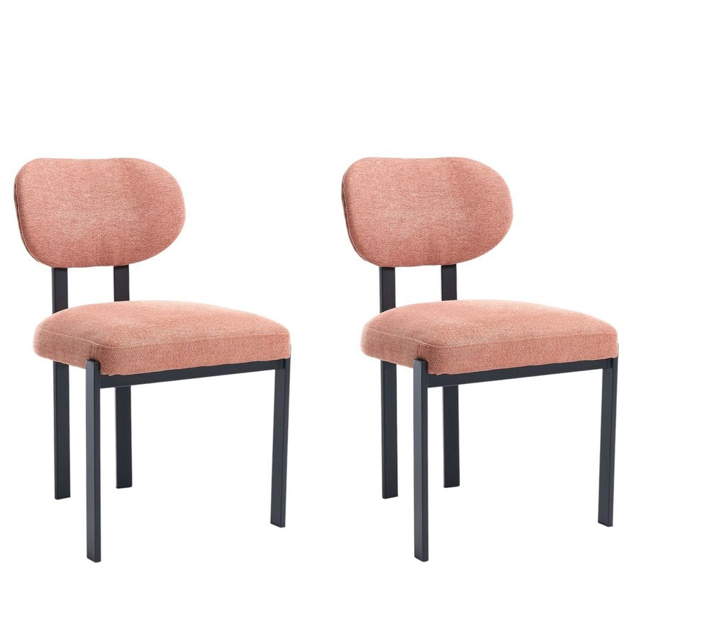 Set of Two Salmon and Black Chenille And Metal Partially Open Back Dining Side Chairs on a white background