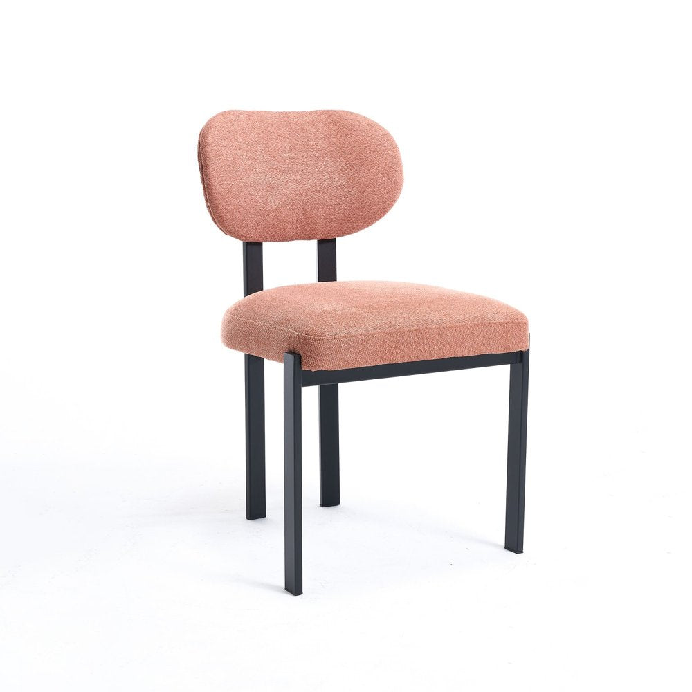 Set of Two Salmon and Black Chenille And Metal Partially Open Back Dining Side Chairs on a white background