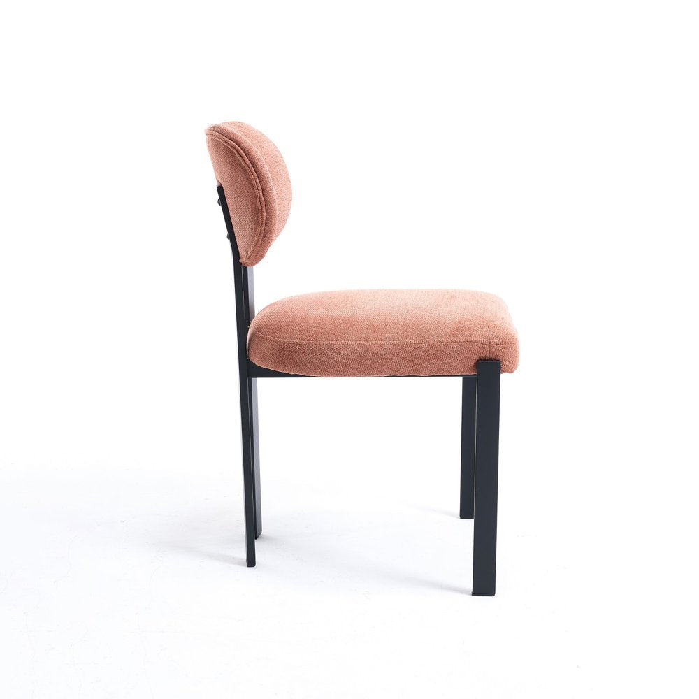 Set of Two Salmon and Black Chenille And Metal Partially Open Back Dining Side Chairs on a white background