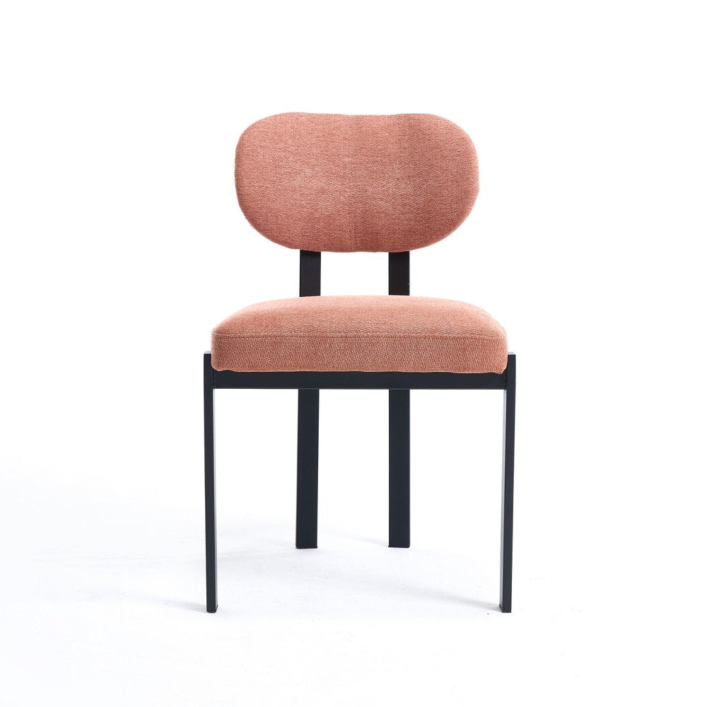 Set of Two Salmon and Black Chenille And Metal Partially Open Back Dining Side Chairs on a white background