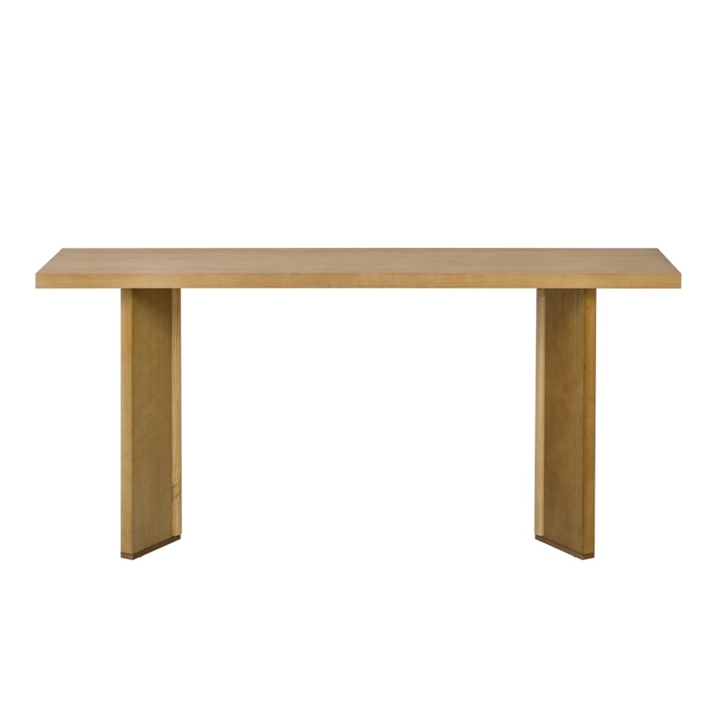 63" Natural and Brown Wood Two Leg Console Table. Console table isolated on a plain white background, in a brown wood finish.