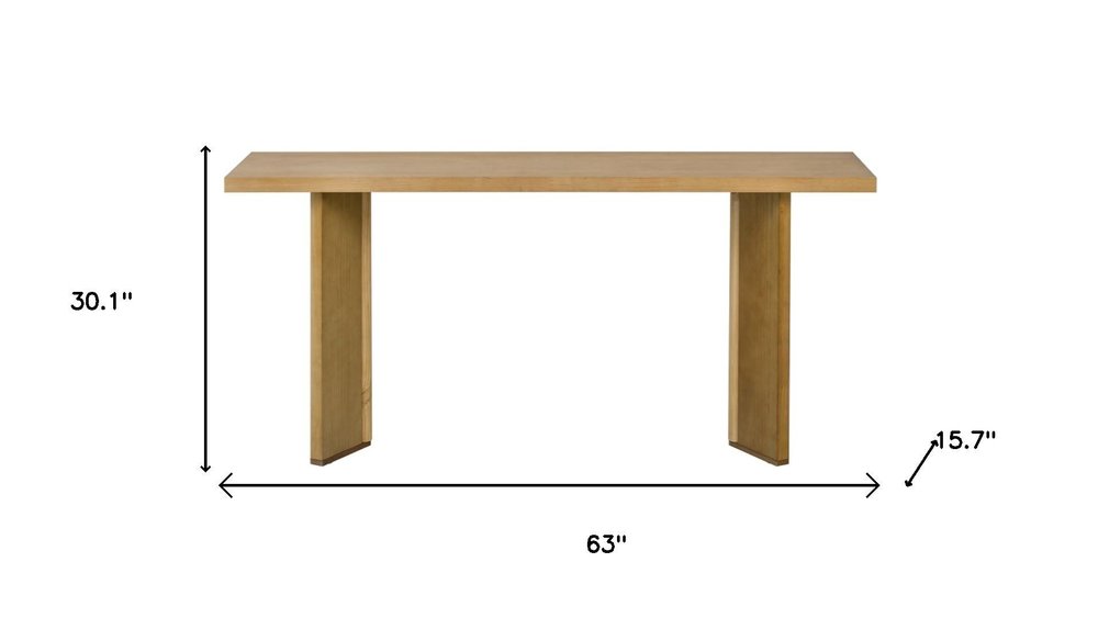 63" Natural and Brown Wood Two Leg Console Table. Console table isolated on a plain white background, in a brown wood finish.