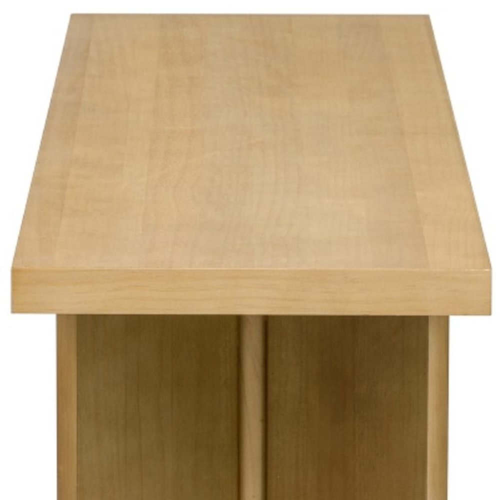 63" Natural and Brown Wood Two Leg Console Table. Console table isolated on a plain white background, finished in brown wood.
