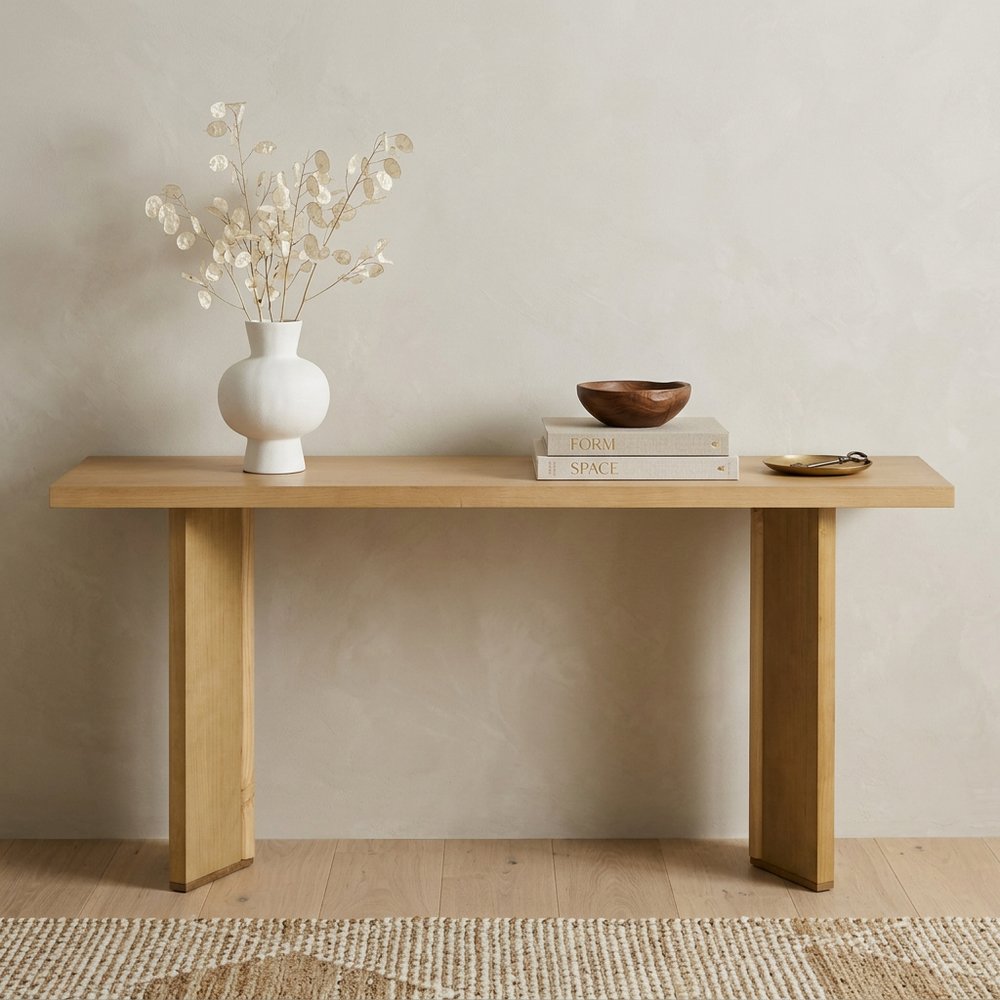 63" Natural and Brown Wood Two Leg Console Table styled in a furnished interior with an off-white wall on a wood floor.