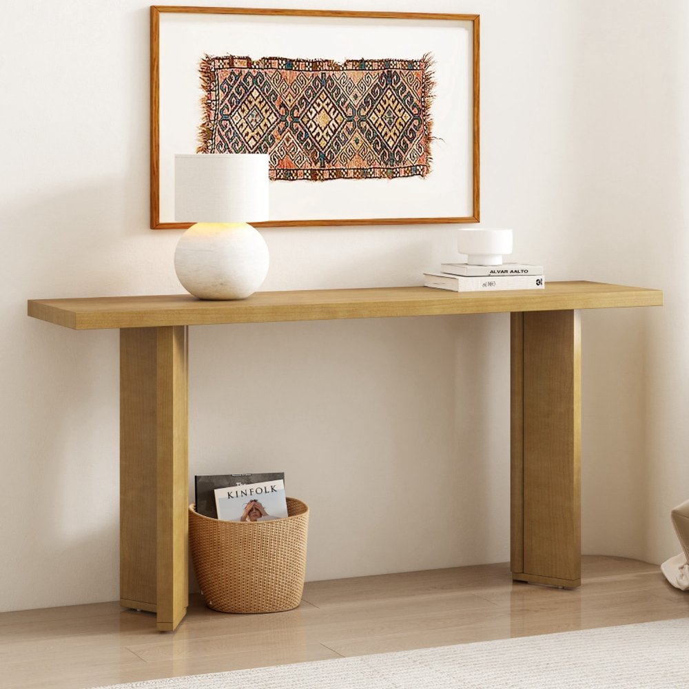 63" Natural and Brown Wood Two Leg Console Table. Console table in brown wood.