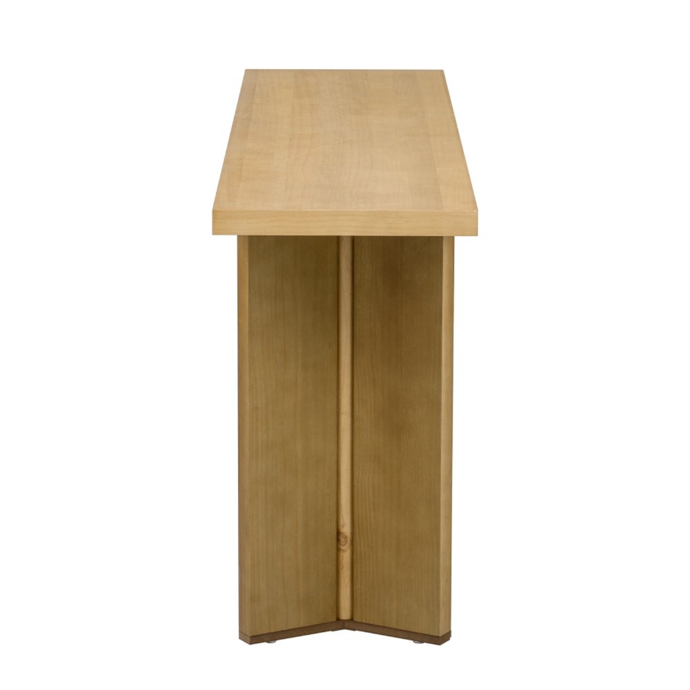 63" Natural and Brown Wood Two Leg Console Table. Console table isolated on a plain white background, finished in brown wood.