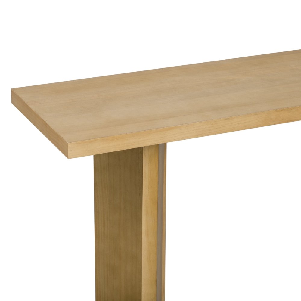 63" Natural and Brown Wood Two Leg Console Table. Console table isolated on a plain white background, showing a brown wood surface.