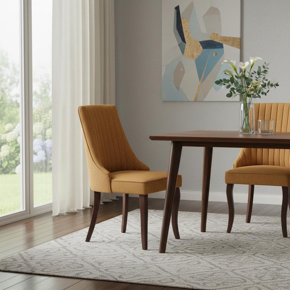 Set of Two Yellow And Brown And Yellow Linen Dining Side Chairs in a home interior