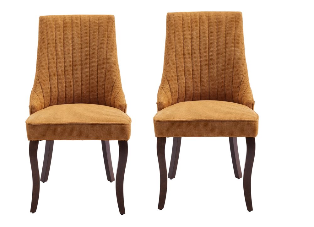 Set of Two Yellow And Brown And Yellow Linen Dining Side Chairs on a white background