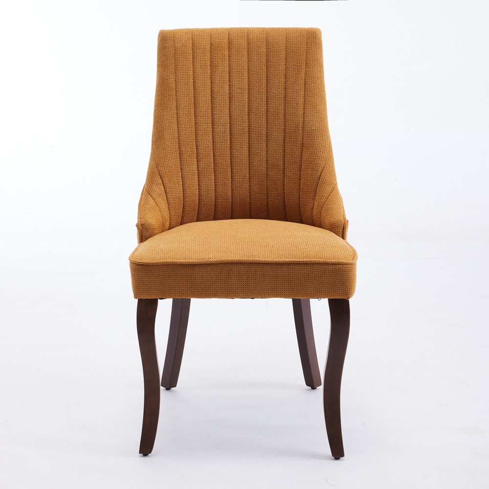 Set of Two Yellow and Brown Linen Dining Side Chairs