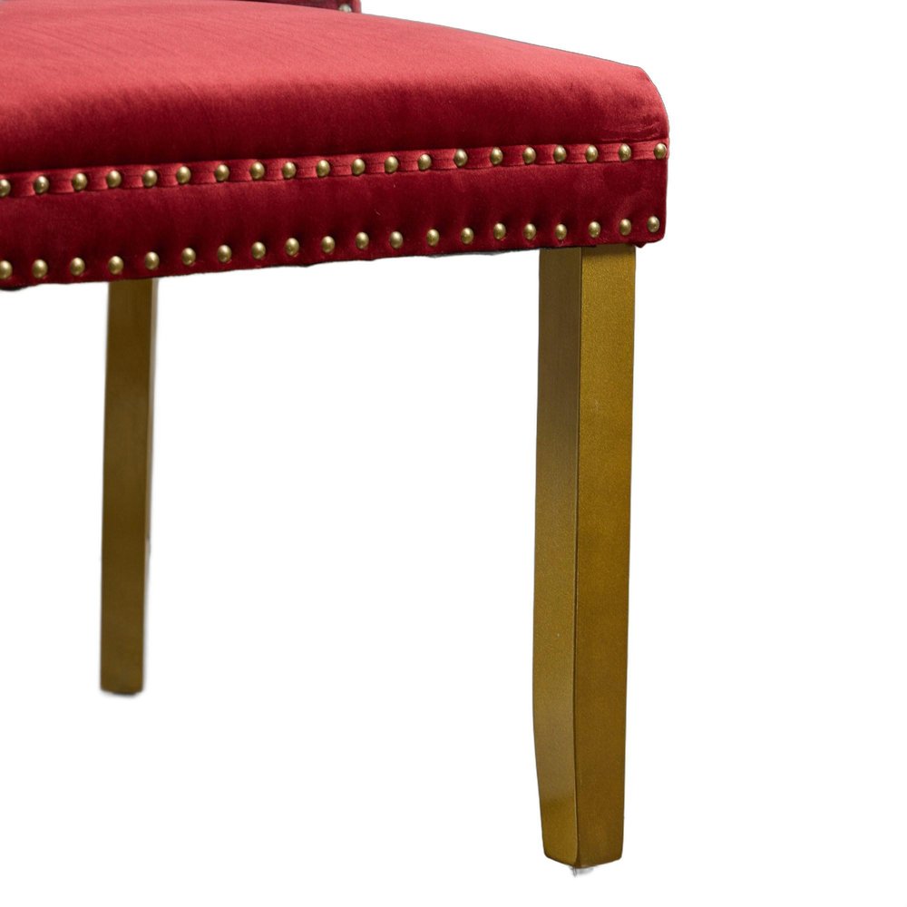 Set of Two Red and Gold Tufted Velvet And Solid Wood Dining Side Chairs on a white background