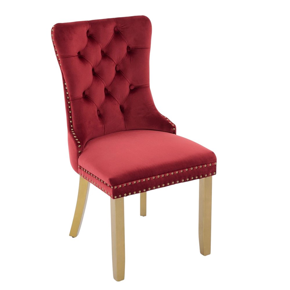 Set of Two Red and Gold Tufted Velvet And Solid Wood Dining Side Chairs on a white background