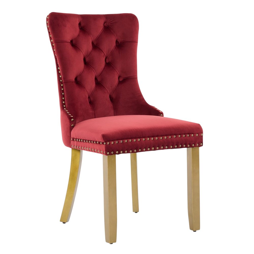 Set of Two Red and Gold Tufted Velvet And Solid Wood Dining Side Chairs on a white background