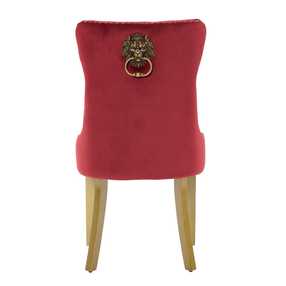 Set of Two Red and Gold Tufted Velvet And Solid Wood Dining Side Chairs on a white background