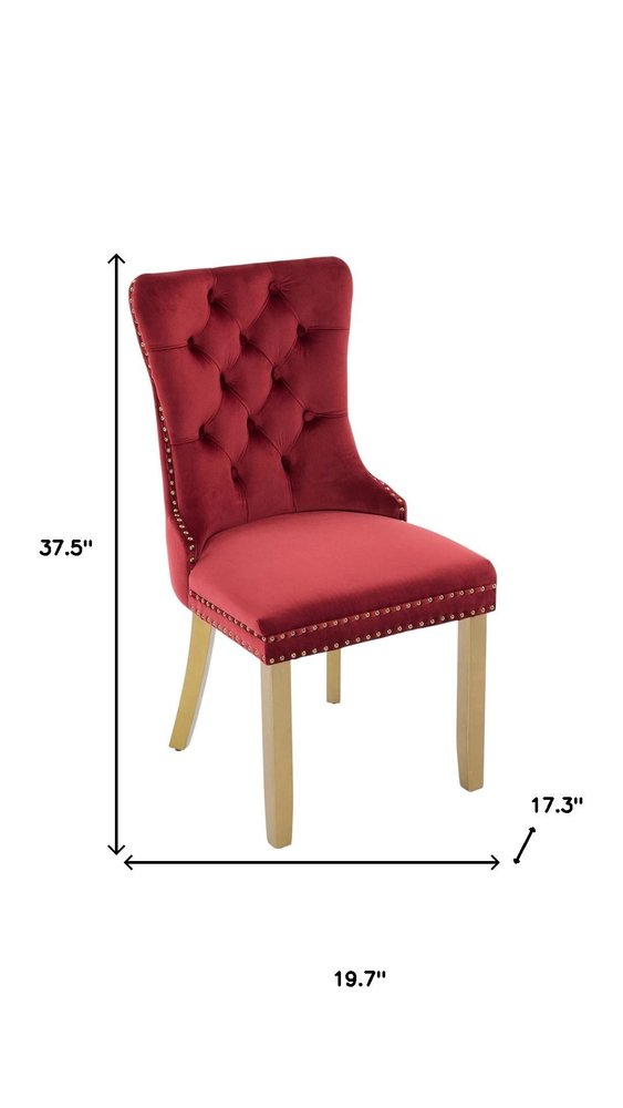 Set of Two Red and Gold Tufted Velvet And Solid Wood Dining Side Chairs on a white background
