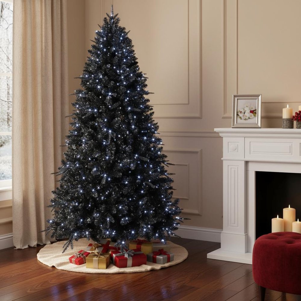 7' Black Pre Lit Full Spruce Christmas Tree in a home interior