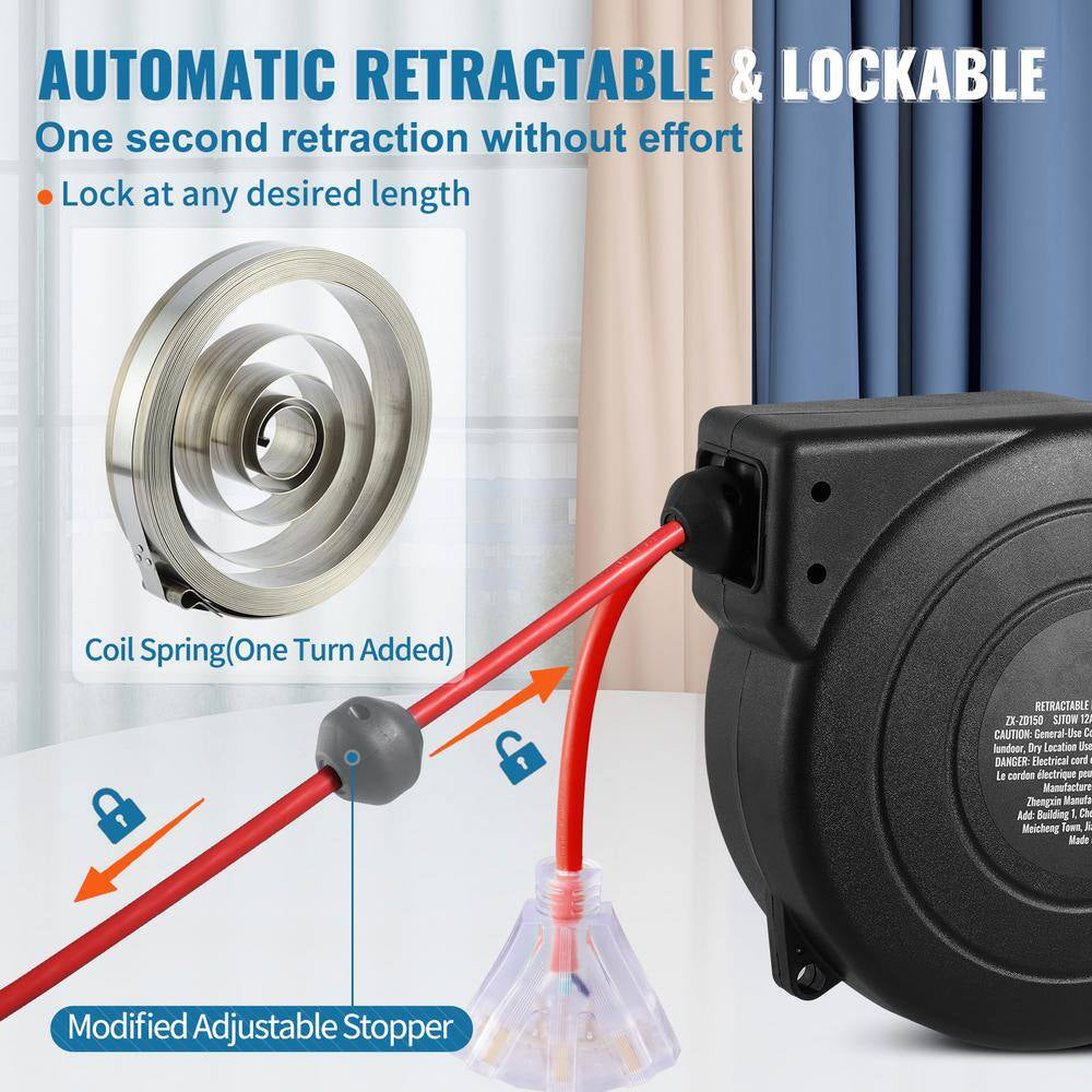 45 Ft., 12Gauge / 3 Conductors, 15 Amps Retractable Extension Cord Reel with 3-Outlets, Heavy Duty 12AWG / 3C SJTOW