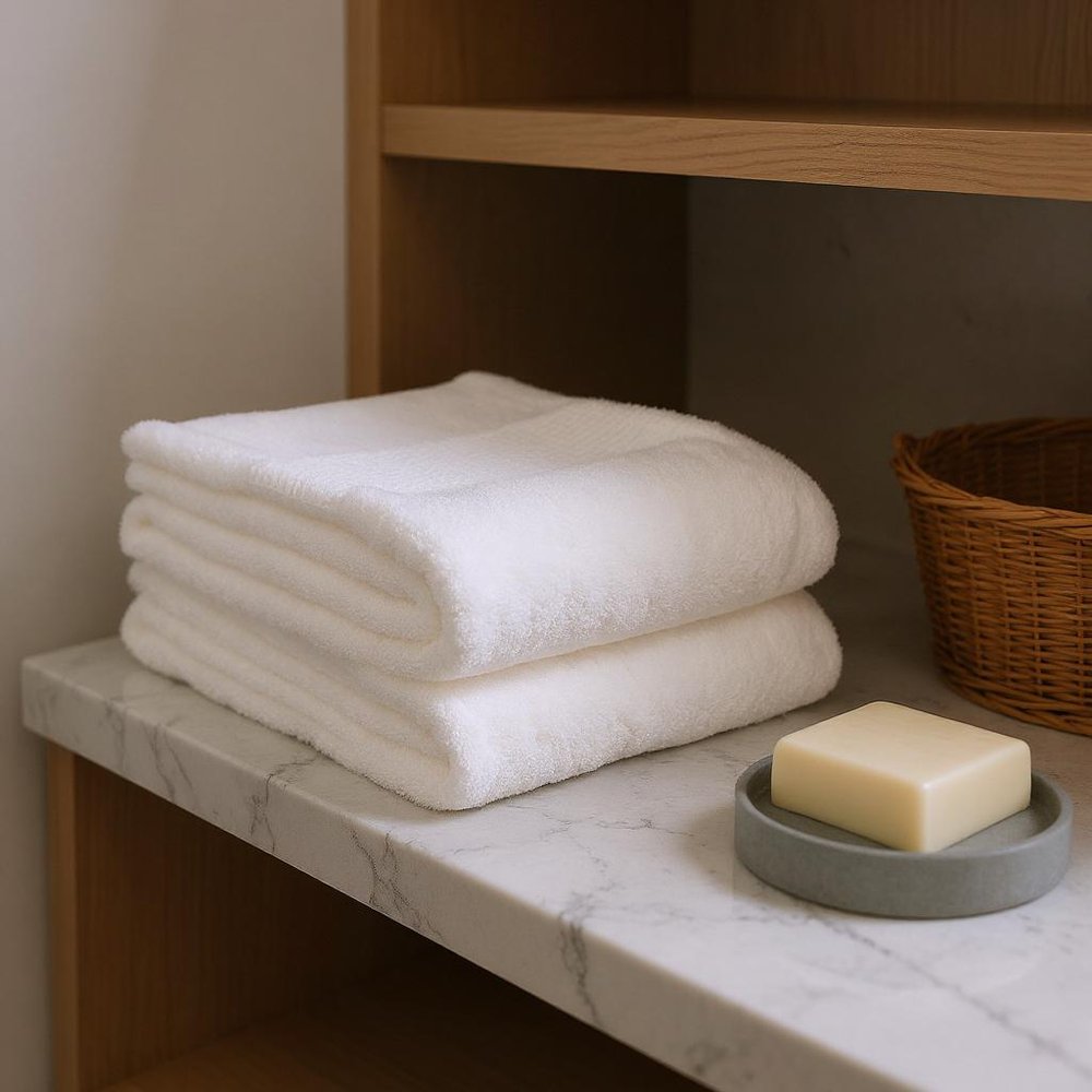 Set of Two White Cotton 16" X 30" Quick Dry Terry Cloth Hand Towels in a home interior