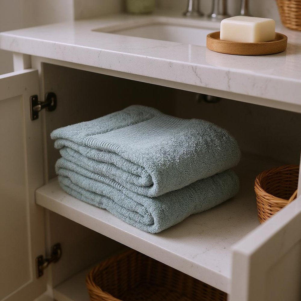 Set of Two Sea Green Cotton 13" X 13" Quick Dry Terry Cloth Washcloths in a home interior