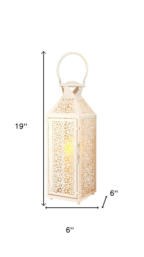 Set of Two White Filigree Metal Tabletop Lantern Candle Holders