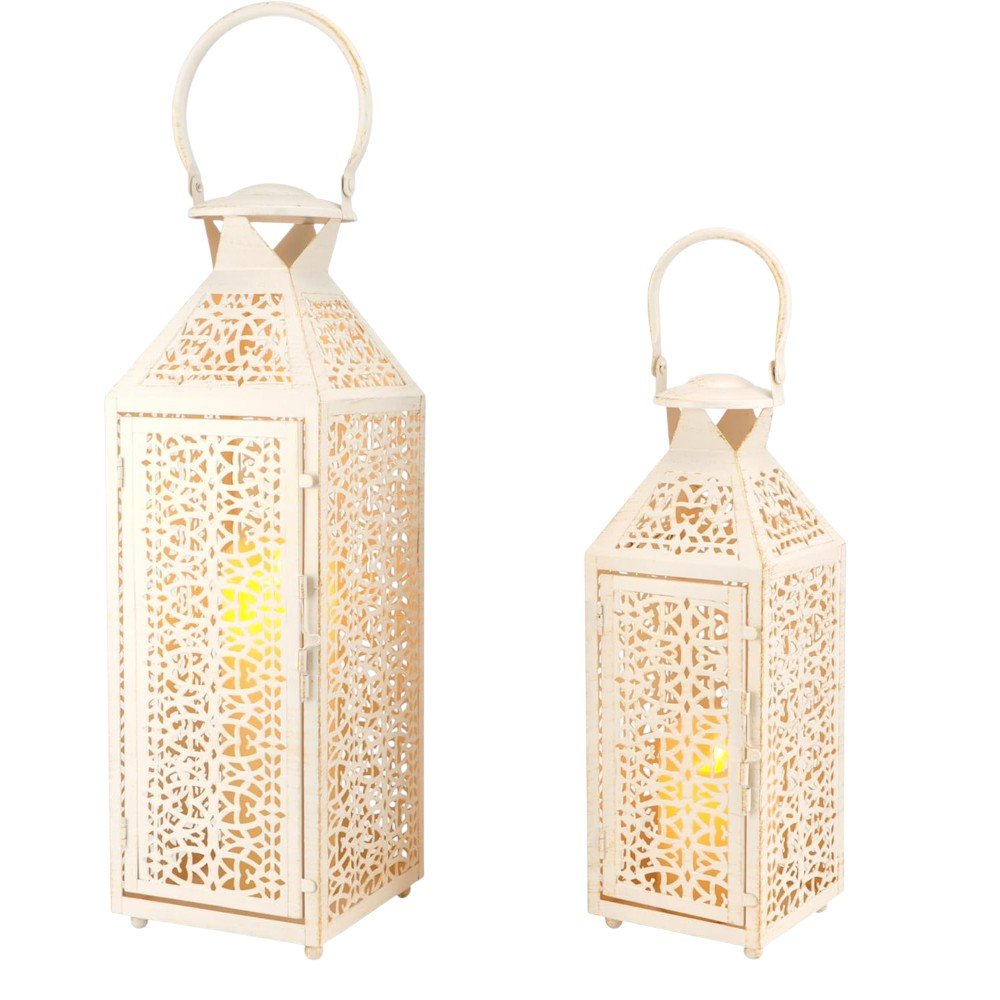 Set of Two White Filigree Metal Tabletop Lantern Candle Holders